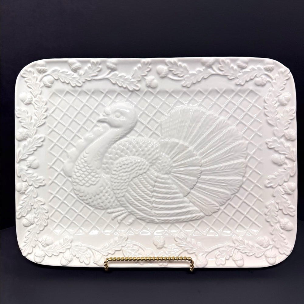 Harvest Stoneware Elegant White Turkey Embossed Platter with Acorns EUC
